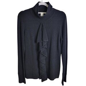 Diane von Furstenberg Large 100% Cashmere Black Ruffle Front Knit Sweater